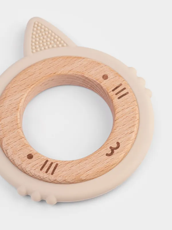 Игрушка-прорезыватель, 9х8 см, силикон/дерево, бежевая, Котик, Kiddy, image-1