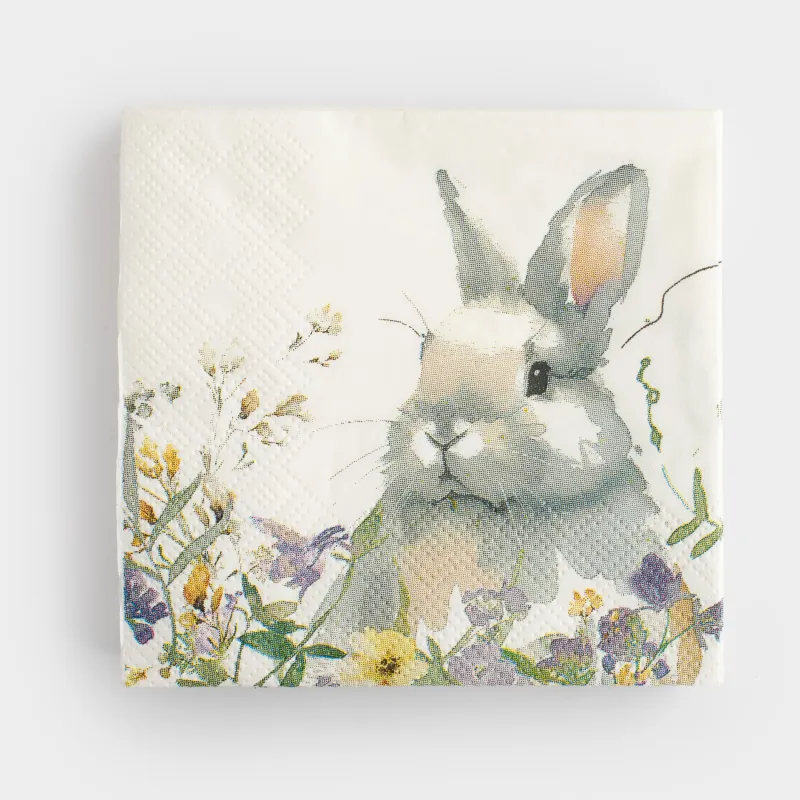 Салфетки бумажные, 21х21 см, 20 шт, квадратные, белые, Кролик в цветах, Easter, image-0