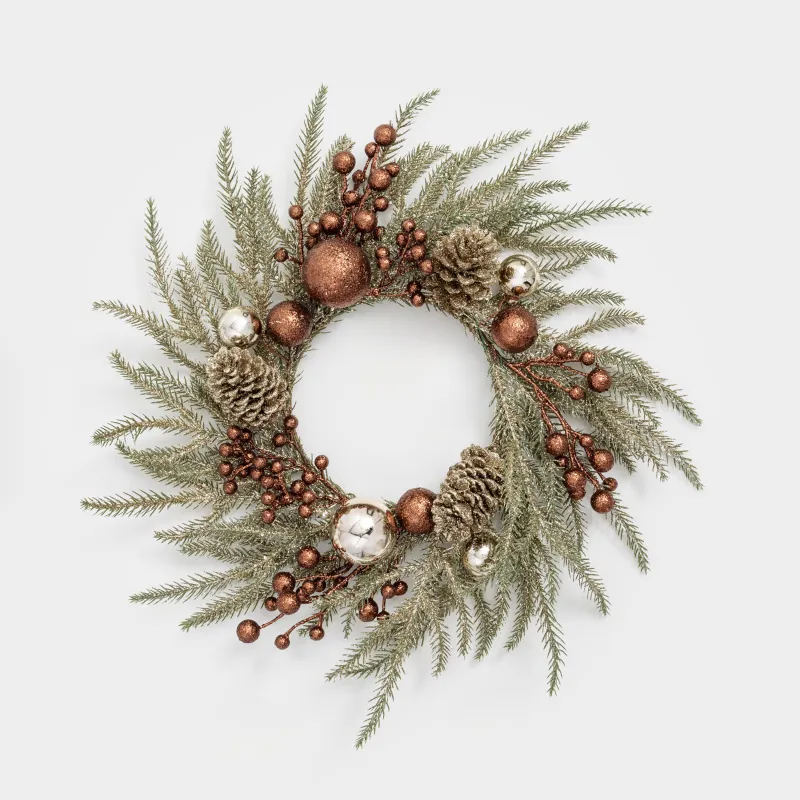 Венок декоративный, 17/45 см, пластик/пенопласт, бронзовый, Хвоя и ягоды, Conifer champagne