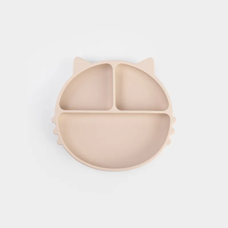 Түскі ас тәрелкесі, балаларға арналған, 19х20 см, 3 бөлік, сорғыштары бар, силикон, сарғылт-қоңыр, Мысық, Kiddy