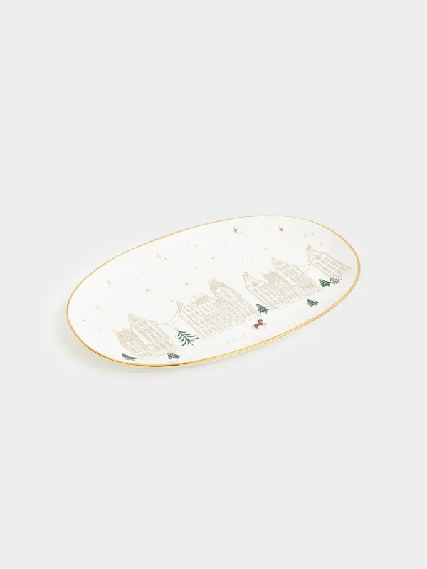 Блюдо, 32x21 см, фарфор N, овальное, молочно-золотистое, Домики и лошадь, Snow sparks, image-0