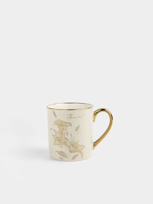 Кружка, 300 мл, фарфор N, бело-золотистая, с золотистым кантом, Лилии, Flower gold, image-0