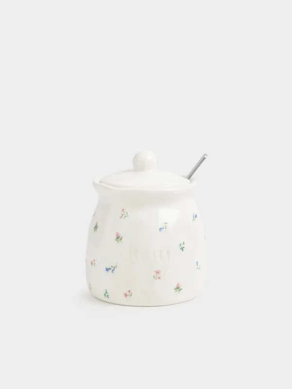 Сахарница, 12 см, 340 мл, с ложкой, керамика D/сталь, молочная, Нежные цветы, El flora, image-0
