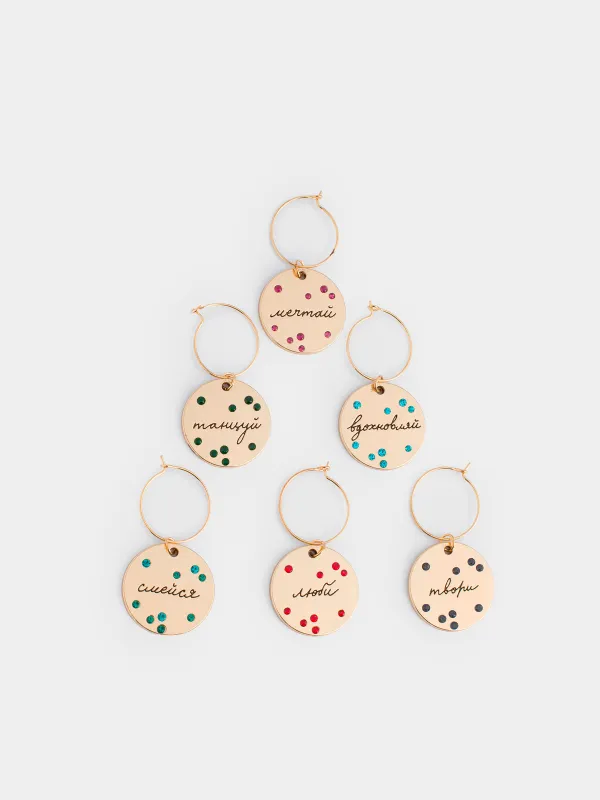 Подвеска для бокала, 6 шт, металл/стразы, золотистая, Пожелания на медальоне, Т Fantastic gold, image-0