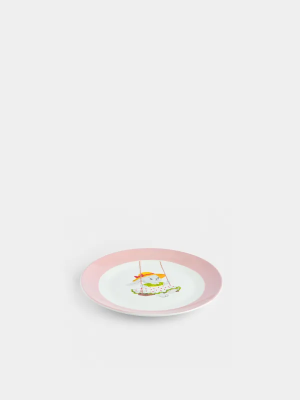 Балаларға арналған тіскебасар тәрелкесі, 19 см, фарфор N, ақ және қызғылт, Әткеншектегі қоян, Ideas life, image-1