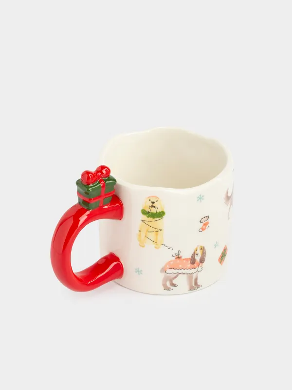Саптыаяқ, 350 мл, керамика, сүтті қызыл, Сыйлықтары бар иттер, Christmas dog, image-1
