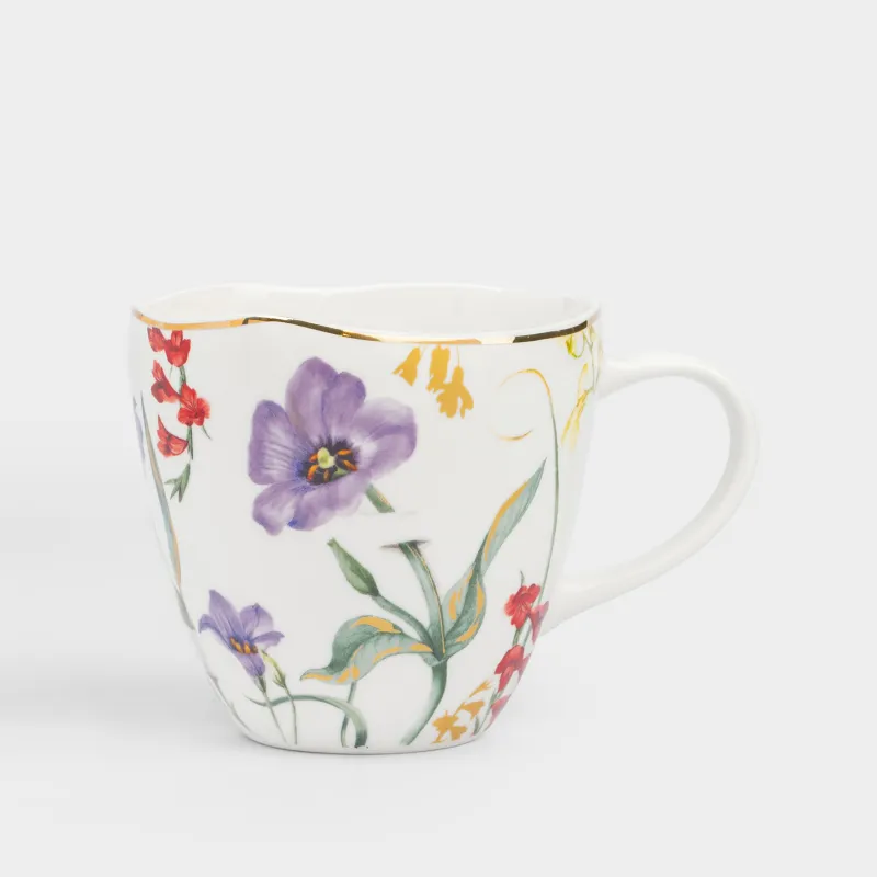 Кружка, 360 мл, фарфор N, белая, с золотистым кантом, Цветы, Night flower