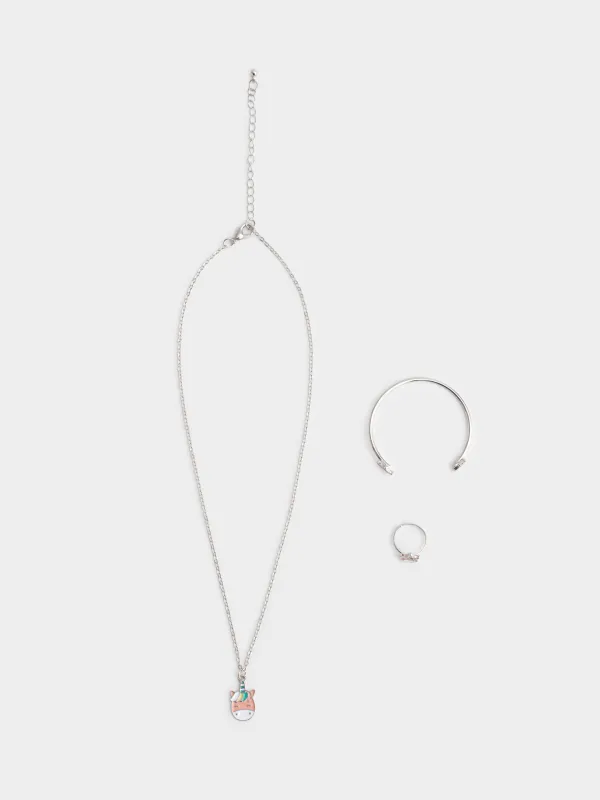 Набор украшений, 3 пр, детский, цепочка/браслет/кольцо, металл, Единорог, Unicorn, image-0