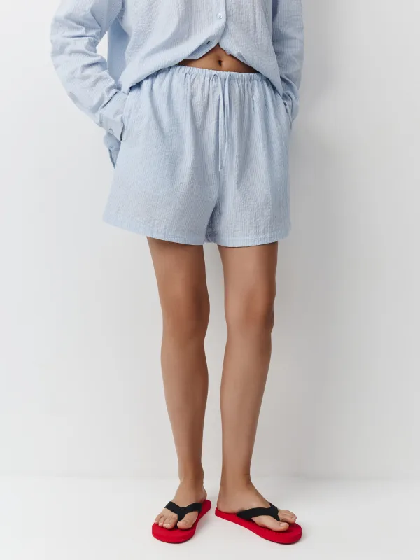 Әйелдер шорттары, үйге арналған, өлшемі S, мақта К, ақ және көгілдір, Жолақ/Тор, Vicila, image-1