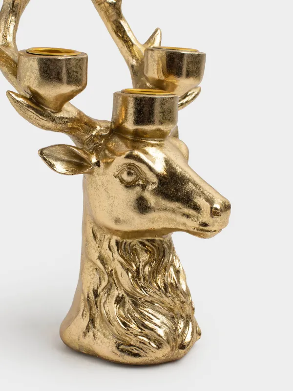 Подсвечник, 21 см, 3 тонкие свечи, полирезин, золотистый, Голова оленя, Deer gold, image-3