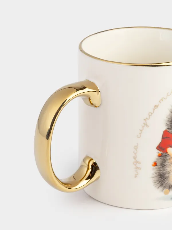 Саптыаяқ, 350 мл, фарфор N, ақ және алтын, Жұлдызы бар кірпі, Hedgehog christmas, image-2