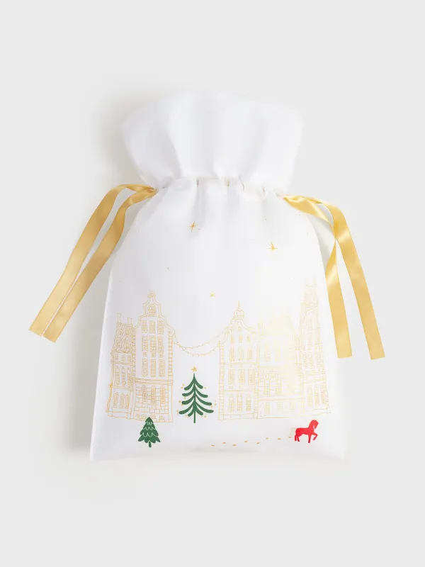 Сыйлық пакеті, 40х56 см, жіптері бар, полипропилен, ақ, Үйлер мен жылқы, Snow sparks, image-3