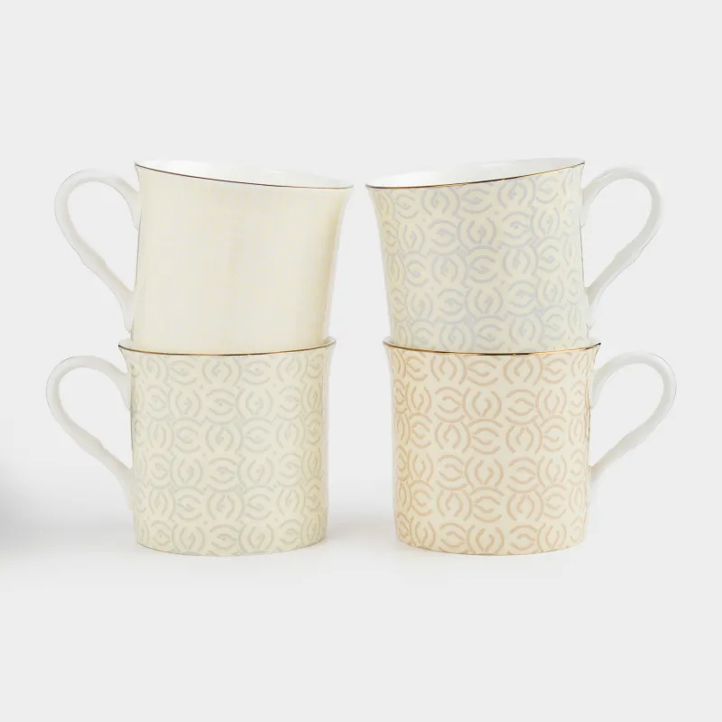 Саптыаяқ, 330 мл, 4 дана, фарфор F, микс, алтын түсті жиегі бар, Өрнектер, Geometry