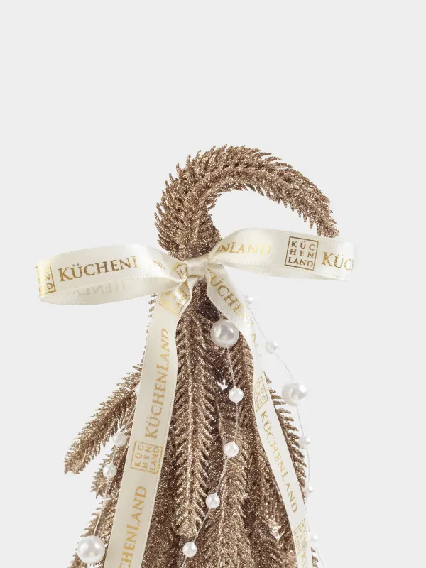 Жасанды шырша, 30 см, полиэтилен/ағаш, шампан, Жасыл бантигі бар шырша, Conifer curved, image-1