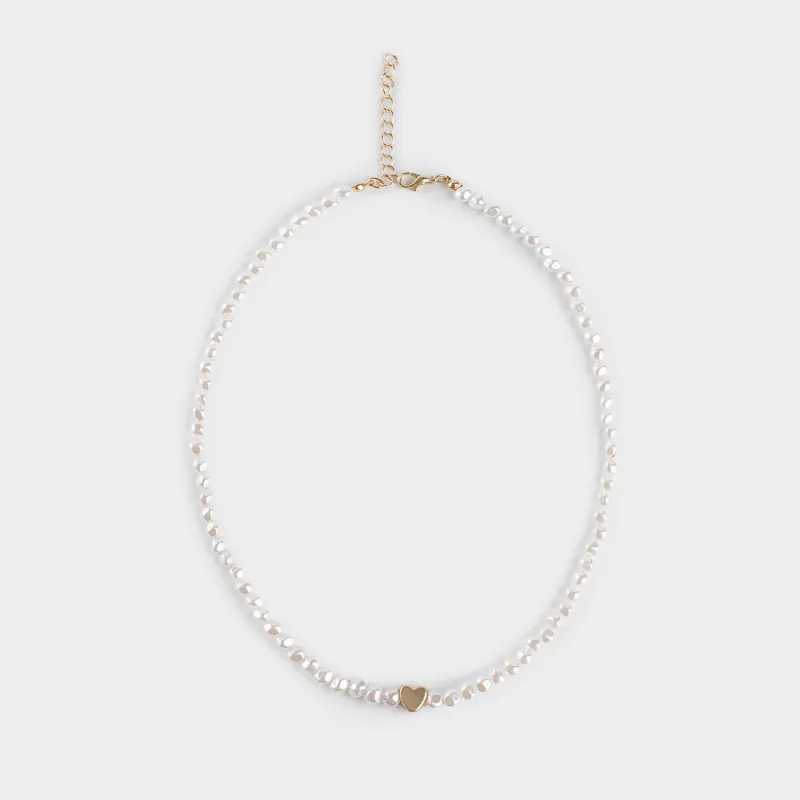 Чокер, 50 см, пластик, бело-золотистый, Сердце, Pearl heart