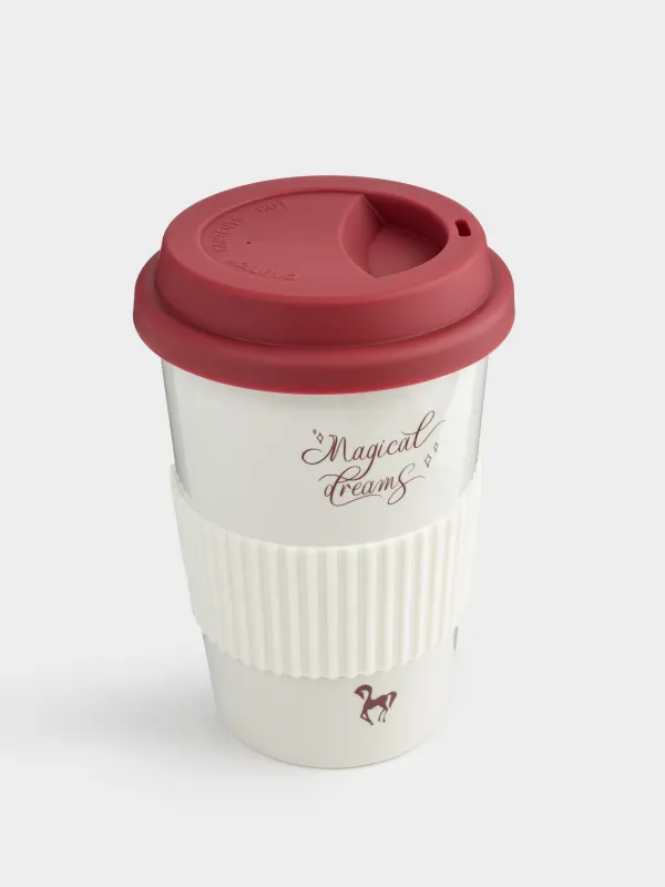 Стакан, 15 см, 430 мл, с крышкой и зарфом, фарфор N/силикон, молочно-бордовый, Magic moments, image-1