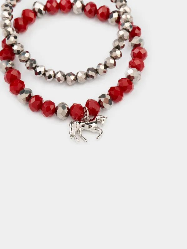 Білезіктер жиынтығы, 18 см, 2 дана, шыны/металл, күміс-қызыл, Жылқы, Pearl color, image-3