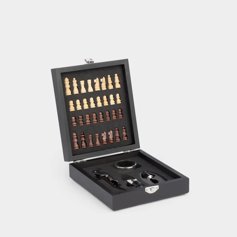 Сомелье жиынтығы, 4 зат, қорапта, болат / пластик / ағаш, қара, шахмат, бар