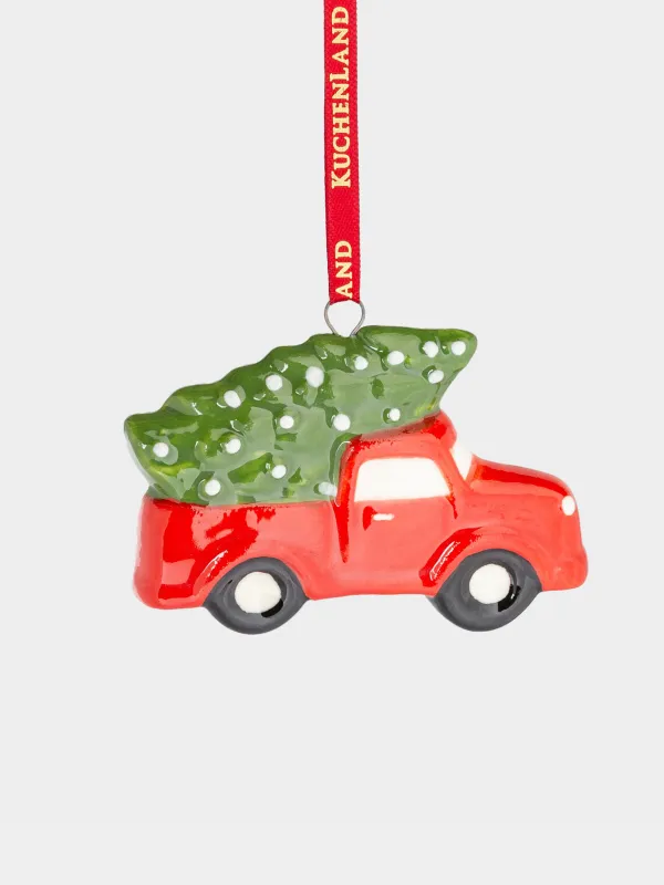 Шырша ойыншығы, 7 см, фарфор Р, қызыл және жасыл, Шыршасы бар автобус, Қызыл көлік, image-0