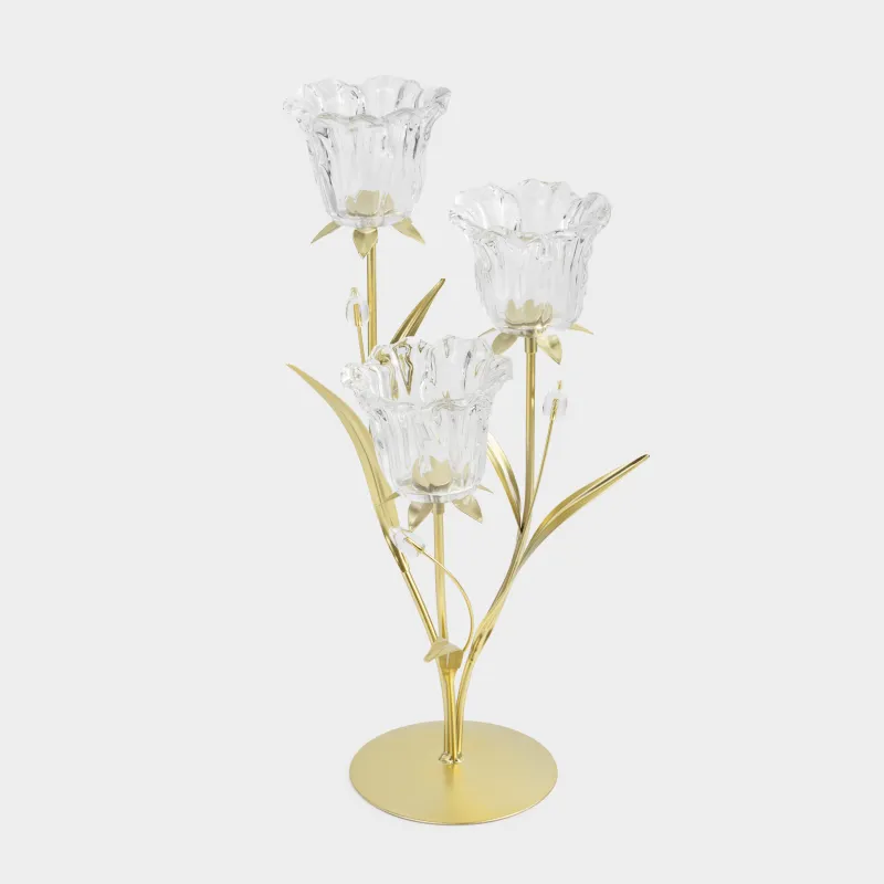 Шам ұстағыш, 45 см, 3 шай шамы, шыны / металл, алтын, Гүлдер, фантастикалық гүлдер