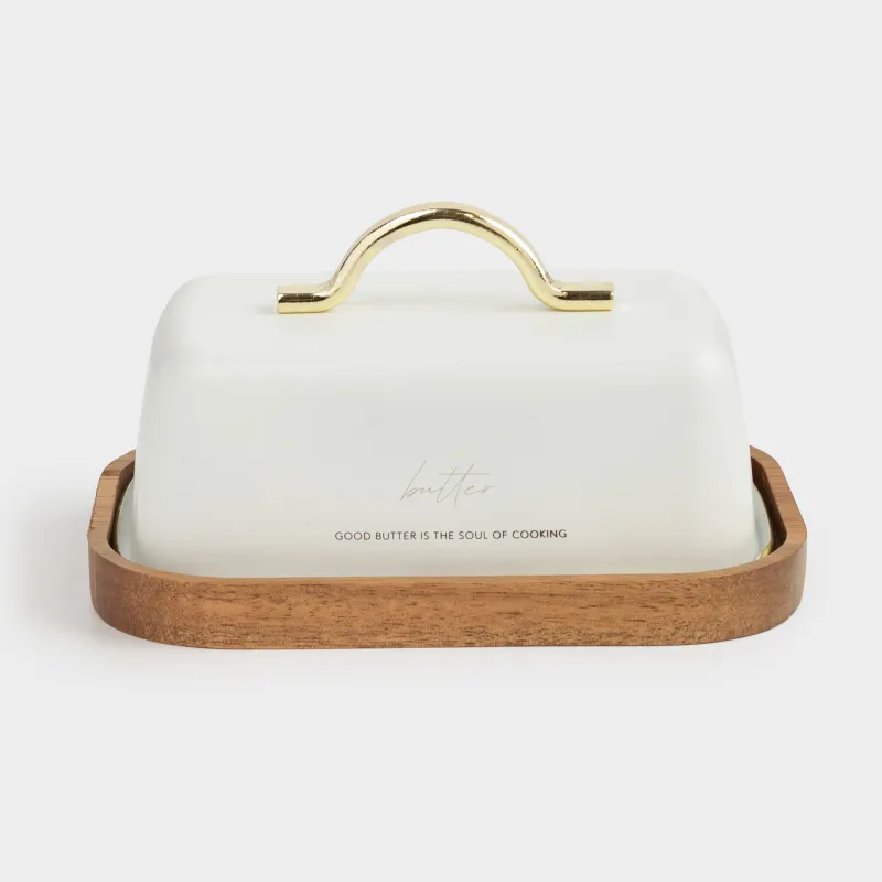 Масленка, 17 см, дерево/металл, прямоугольная, молочно-золотистая, Autograph