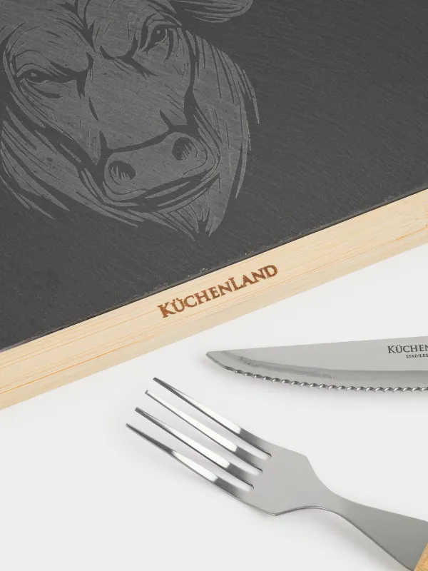 Стейк қызмет көрсету жинағы, 1 парсы, 3 пр, Болат / шифер/бамбук, бұқа, барбекю, image-6