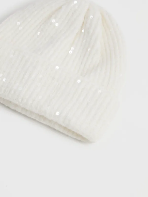 Әйелдер бас киімі, бірыңғай өлшем, пайеткалары бар, акрил/полиэстер, сүт түстес, Knitting fuzz, image-1