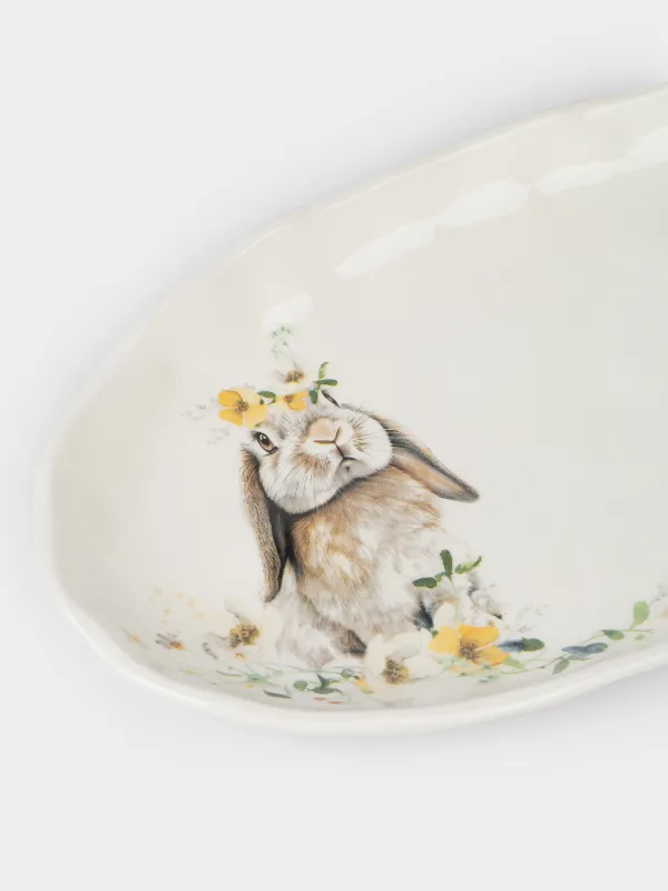 Ыдыс, 30х16 см, керамика, сопақ, ақ, Гүлдері бар қоян, Natural Easter, image-3