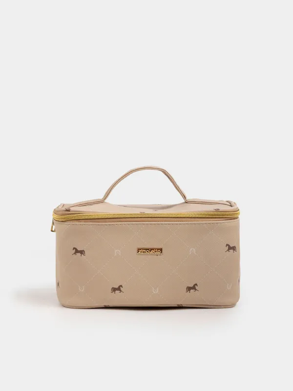 Косметичка, 25х13 см, с ручкой, полиуретан, бежевая, Лошади, Beauty horse, image-0