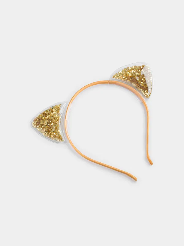 Ободок карнавальный, 16х20 см, детский, полиэстер/ПВХ, шампань, Ушки с блестками, Cat, image-1