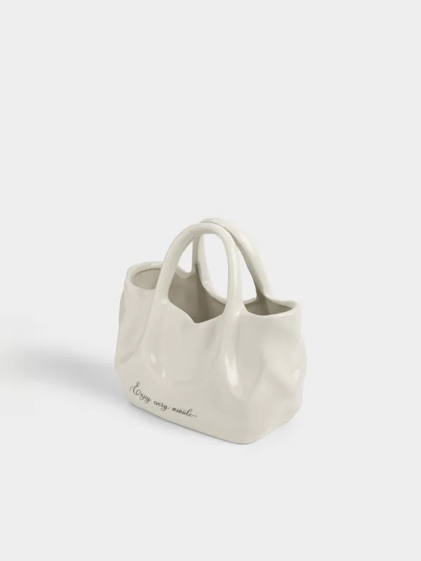 Гүл вазасы, 20х20 см, сәндік, тұтқасы бар, керамика, сүт түстес, Сөмке, Crumple, image-1