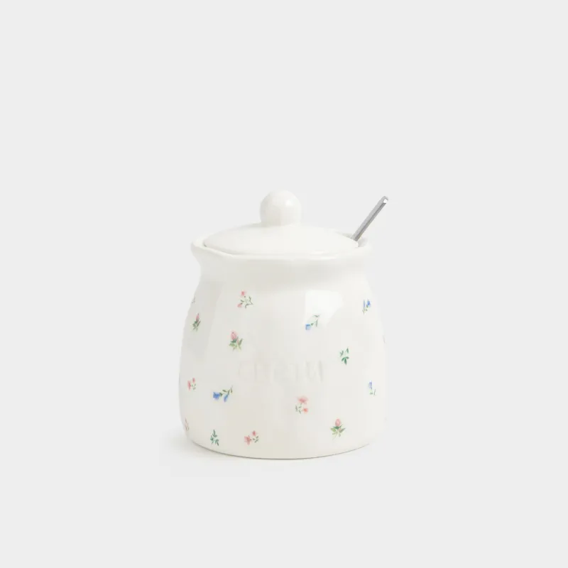Қант ыдысы, 12 см, 340 мл, қасығы бар, керамика/болат, сүт түстес, Нәзік гүлдер, El flora
