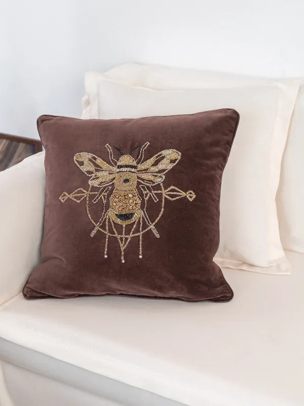 Сәндік жастық, 50х50 см, барқыт/моншақ, қоңыр, Түкті ара, Bugs, image-3