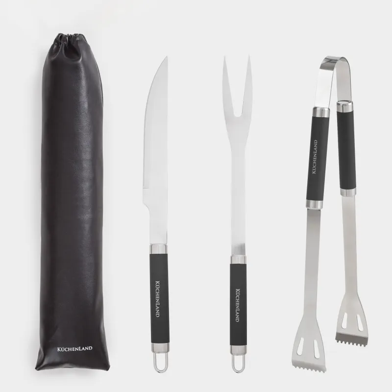 Барбекюге арналған жиынтық, 3 зат, былғары қапта, болат/пластик/эко-былғары, BBQ, image-0