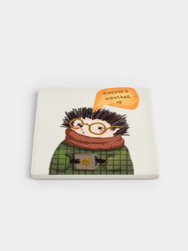 Саптыаяқ тұғыры, 11х11 см, шаршы, керамика/тығын, ақ, Көзілдірігі бар кірпі, Forest animals, image-1