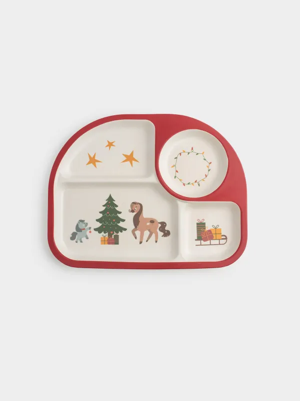 Түскі ас тәрелкесі, балаларға арналған, 27х21 см, 4 бөлім, бамбук, қызыл, Шыршасы бар жылқылар, Little horse, image-0