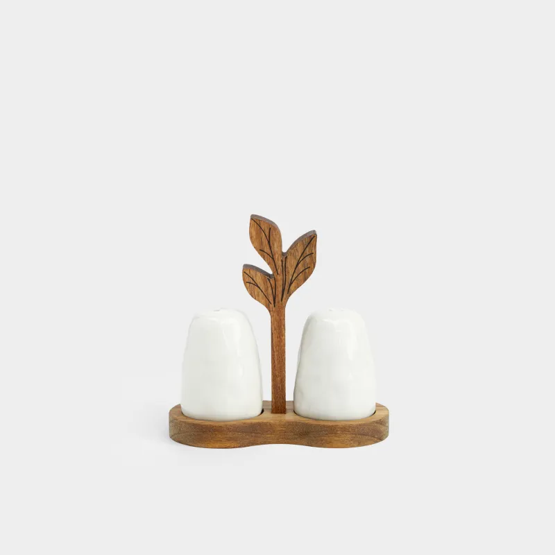 Набор для соли и перца, 7 см, на подставке, фарфор P/дерево, молочный, Ветвь, Noble tree