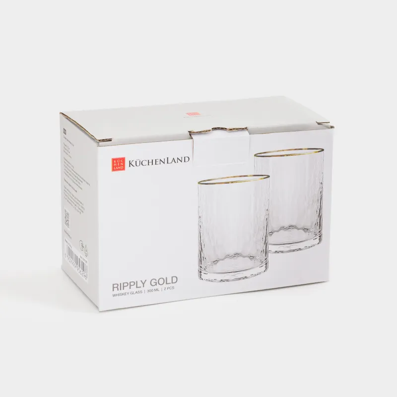 Стакан для виски, 10 см, 300 мл, 2 шт, стекло, с золотистым кантом, Ripply gold, image-4