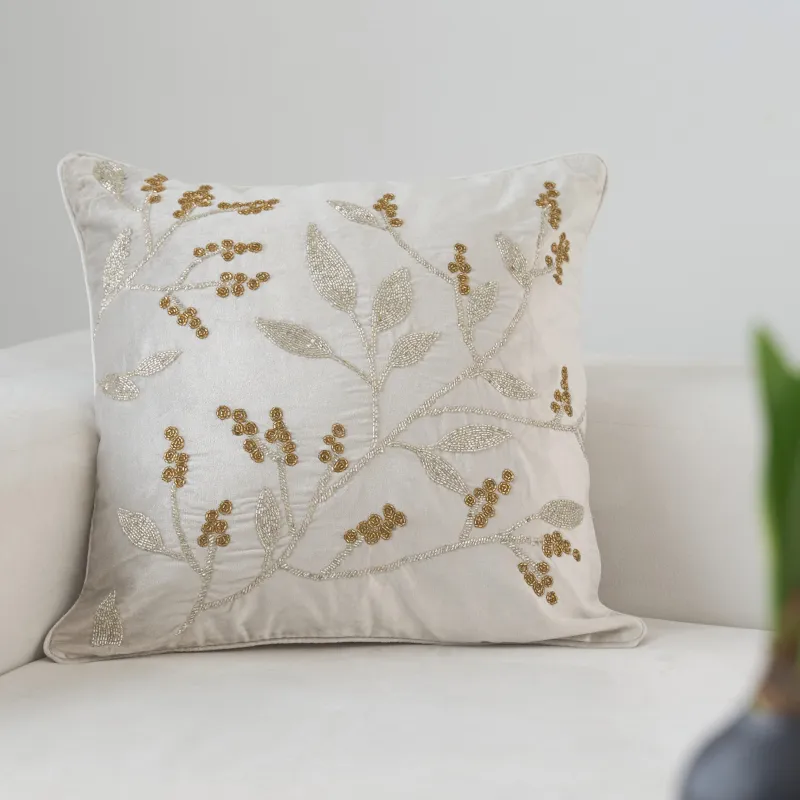 Сәндік жастық, 50х50 см, барқыт/моншақ, сарғылт-қоңыр, Бұтақтар, Print