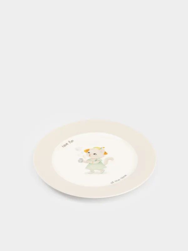 Тіскебасар тәрелкесі, балаларға арналған, 19 см, фарфор N, ақ және сарғылт-қоңыр, Қалпақ киген мысық, Ideas life, image-1