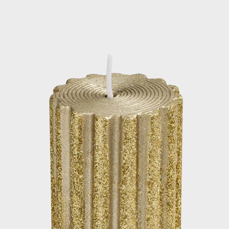 Свеча, 10 см, цилиндрическая, с блестками, золотистая, Ribbed candle, image-2