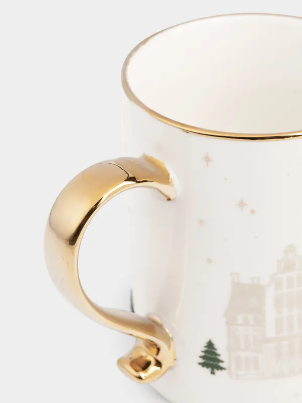 Саптыаяқ, 370 мл, фарфор N, сүт және алтын түстес, Үйлер мен жылқы, Snow sparks, image-3