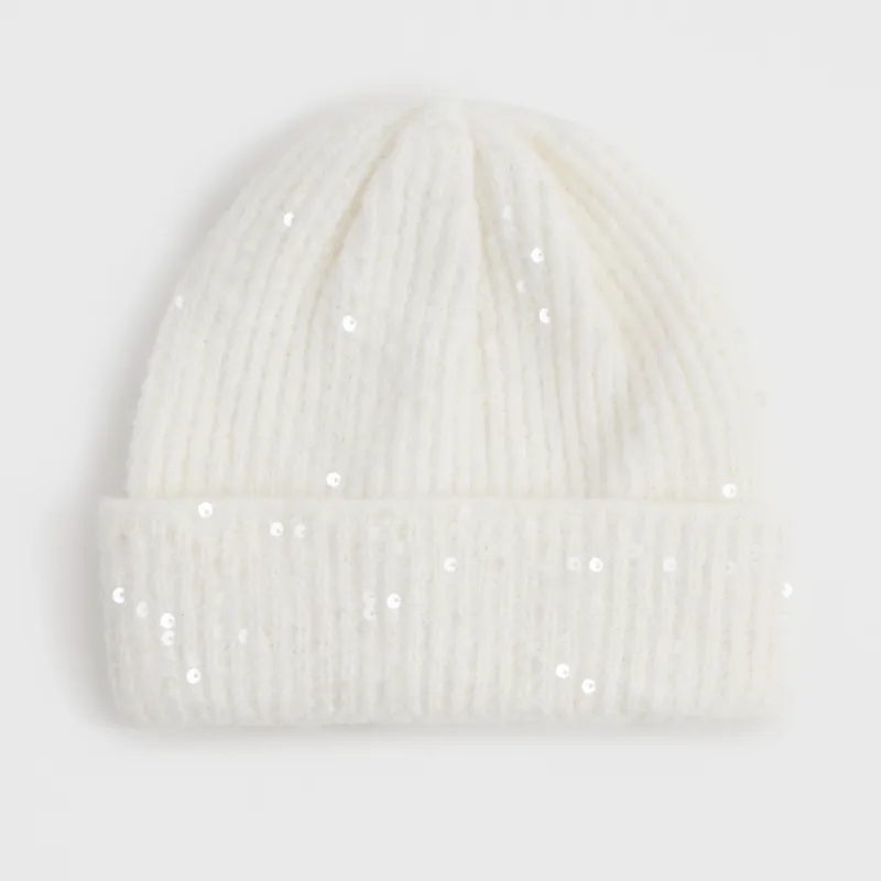 Әйелдер бас киімі, бірыңғай өлшем, пайеткалары бар, акрил/полиэстер, сүт түстес, Knitting fuzz