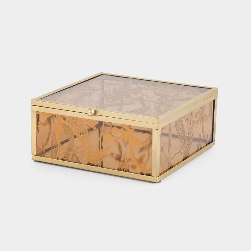 Шкатулка для украшений, 15х16 см, стекло/металл, золотистая, Листья, Collection
