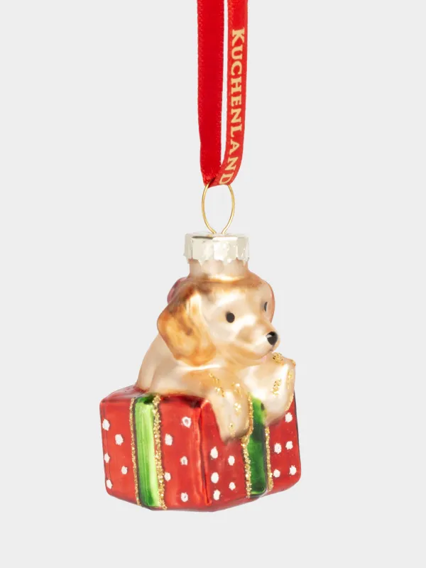 Шырша ойыншығы, 4 см, шыны, жылтырақтары бар, алтын және қызыл, Ит, Figure christmas, image-0