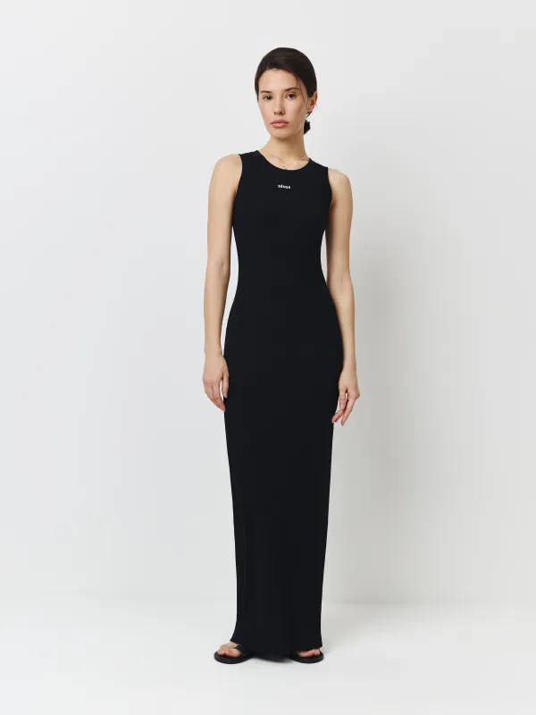 Әйелдер көйлегі, макси, өлшемі XS, қырлы, тілігі бар, мақта/спандекс, қара, Carlota, image-2