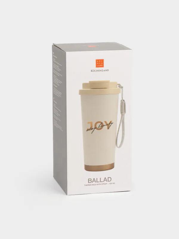 Термо саптыаяқ, 500 мл, клапан/түтік, бауы бар, болат/пластик, сарғылт-қоңыр-алтын, Ballad, image-5