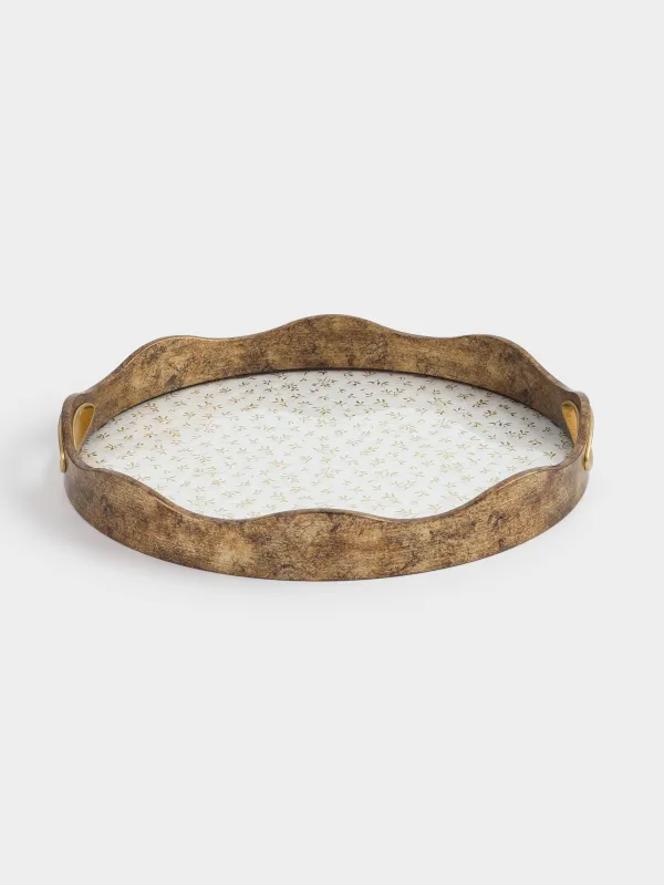 Поднос, 35 см, пластик/стекло, круглый, золотистый, Цветы, Floral, image-0