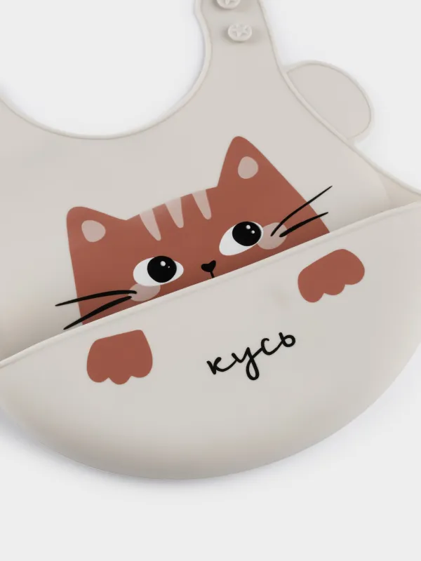 Нагрудник, детский, 28х21 см, с карманом, силикон, серый, Кошка, Kiddy, image-2