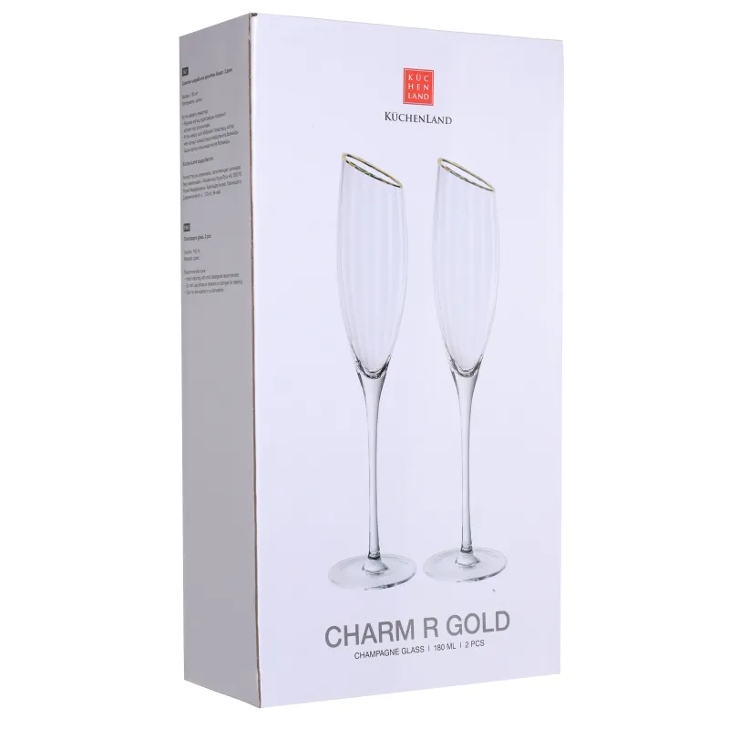 Шампан шарабына арналған бокал, 180 мл, 2 дана, шыны, алтын түстес жиегі бар, Charm R gold, image-2